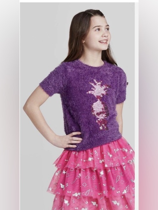 Dreamworks Other - Dreamworks Purple Fuzzy Short-Sleeve Sequin Character Top L 10-12 Girls top